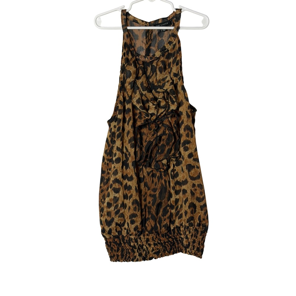 The Limited Leopard Print Ruffle Halter Tank Top Brown Black Womens Medium